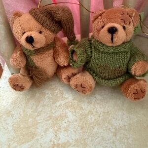 Cost Plus World Market 2 Plush Bear with Green Knit Sweater brown scarf and hat